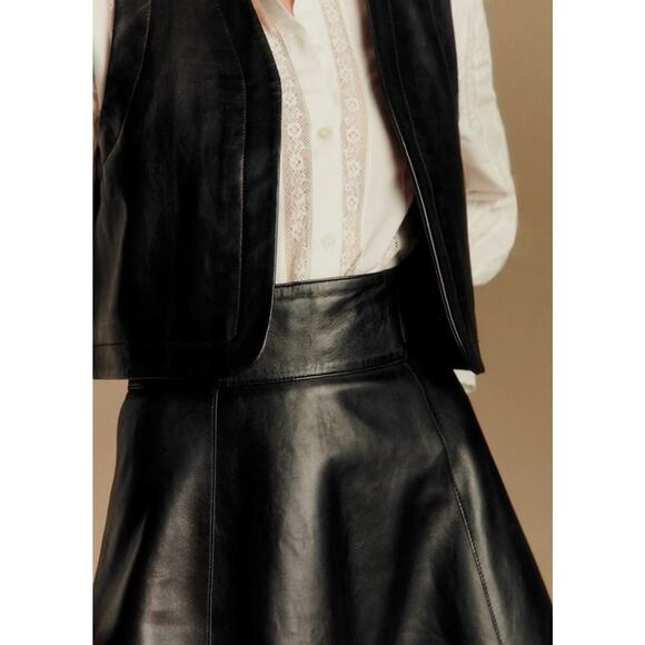 NWT Sezane Yasmine Black Leather Midi A Line Skirt sz 4 US high rise - Picture 4 of 12